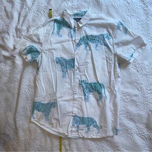 Bonobos White Shirt w Green Tiger Design Statement Animal Pattern Casual XL Long